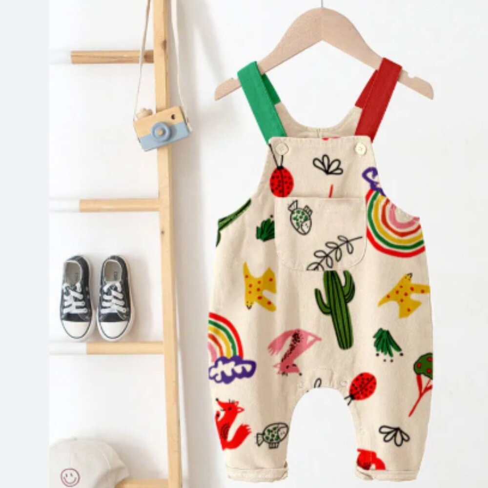 Kids Cream Printed Overalls with Red & Green Straps
